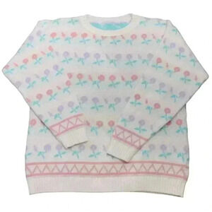 Vintage 80s Large Alicia Multicolor Floral Sweater USA Made Drop Shoulder Knit